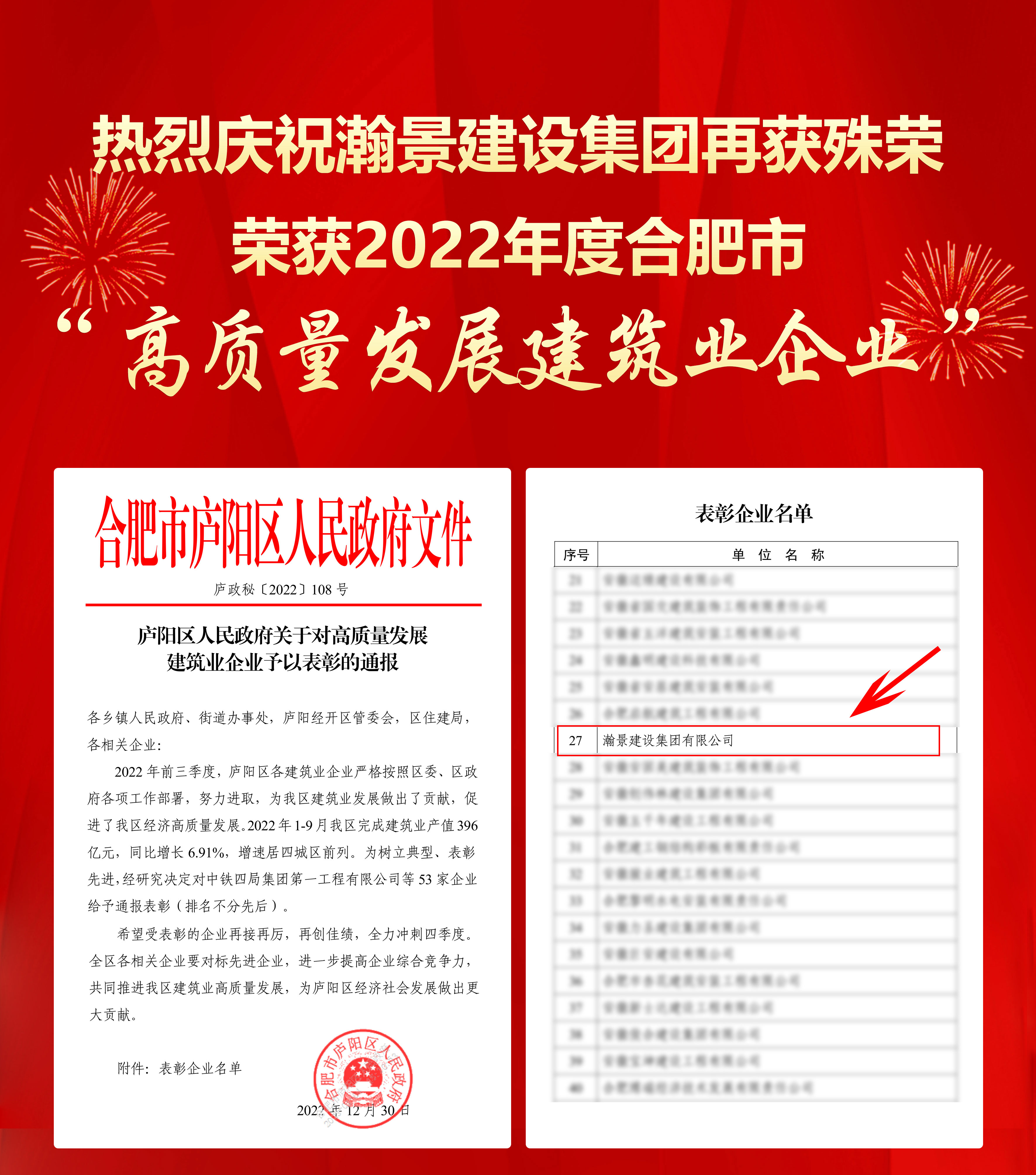 瀚景建設(shè)集團(tuán)榮獲2022年度合肥市“高質(zhì)量發(fā)展建筑企業(yè)”殊榮